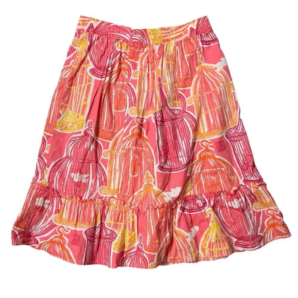 Lilly Pulitzer Maxi Skirt Girls 7 Pink Orange Bird Cage Tiered Ruffle Preppy
